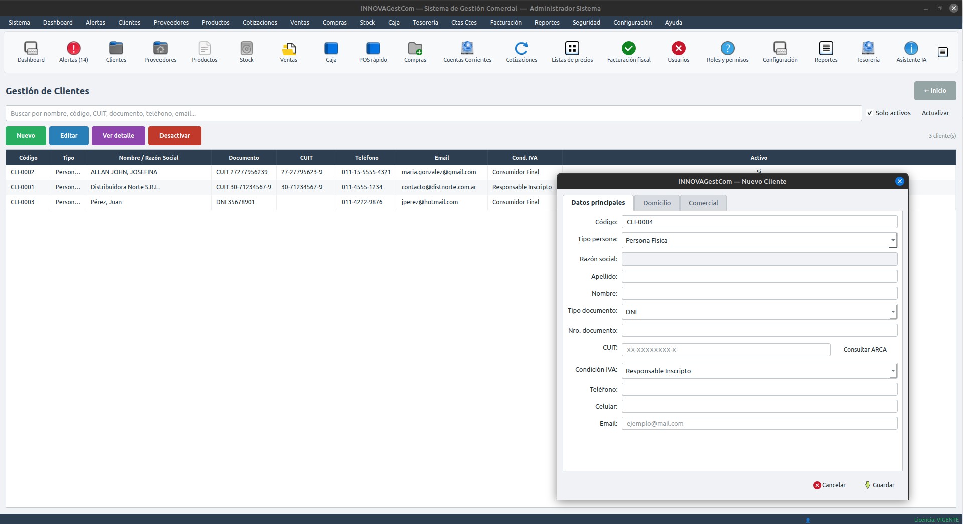 Pantalla de clientes