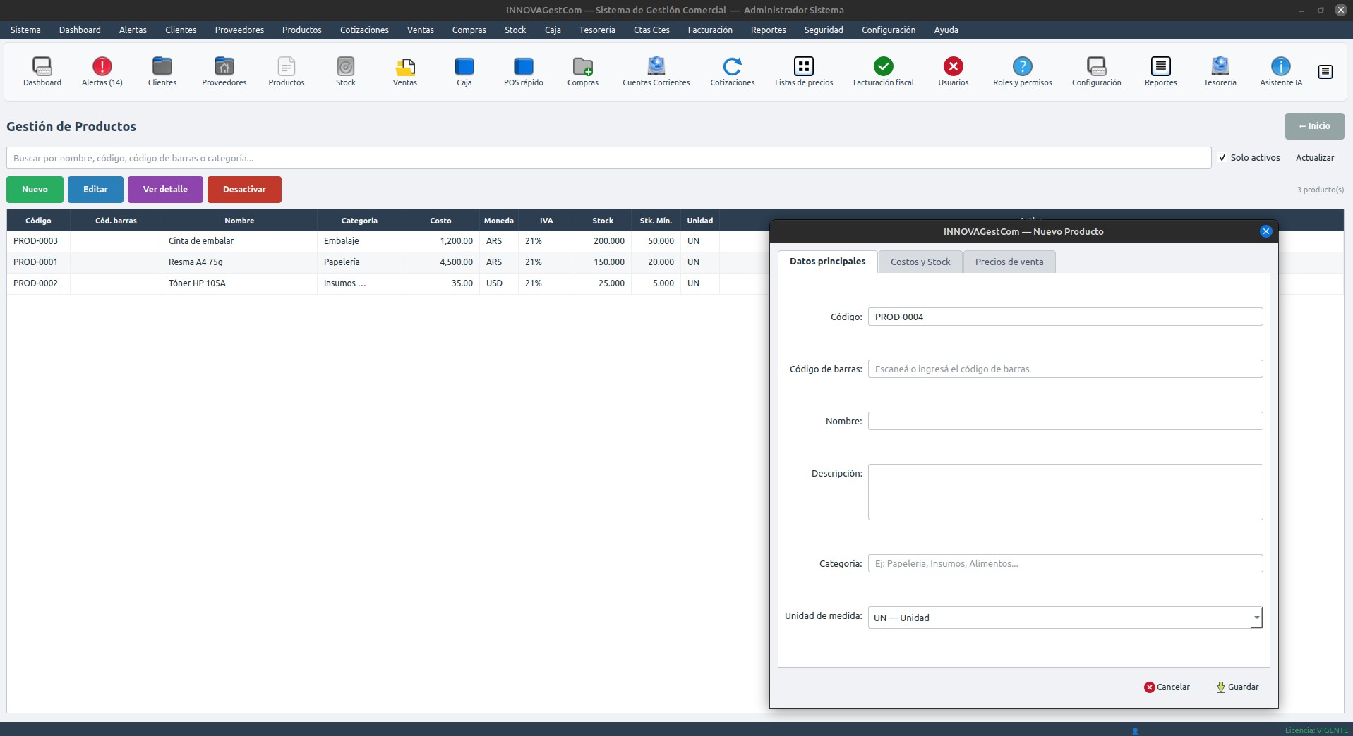 Pantalla de productos
