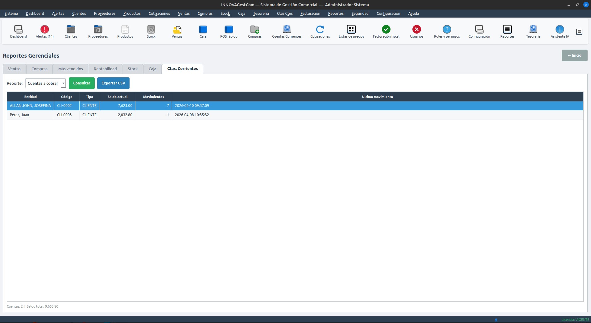 Pantalla de reportes